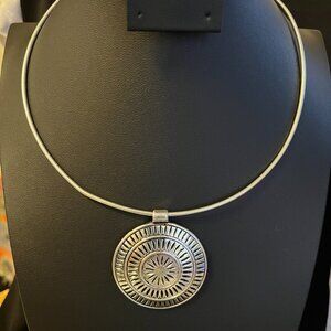 Liz Claiborne Silver‑Tone Medallion Pendant on Wire Collar Necklace